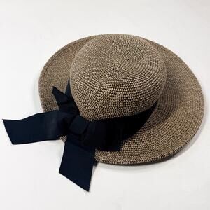 Scala Handcrafted Straw Woven Sun Hat in Coffee Black Ribbon Bow Resort Beach